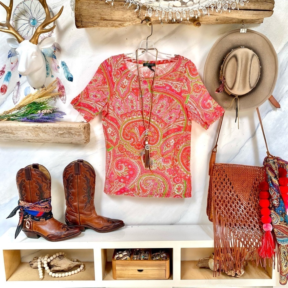 Ralph Lauren Paisley Boho T-shirt with metal buttons detail detailing